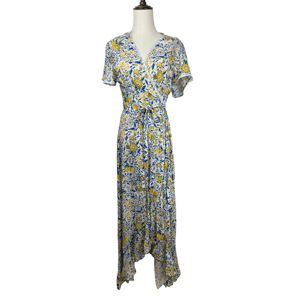 Poupette St Barth Joe Wrap Maxi Dress M Blue Yellow Sunflower Ruffle Resortwear - Picture 2 of 12